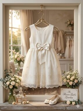 Purple Rose Ivory Scalloped Hem Girl's Dress w/Embroidered floral & Bow,S6,NWT